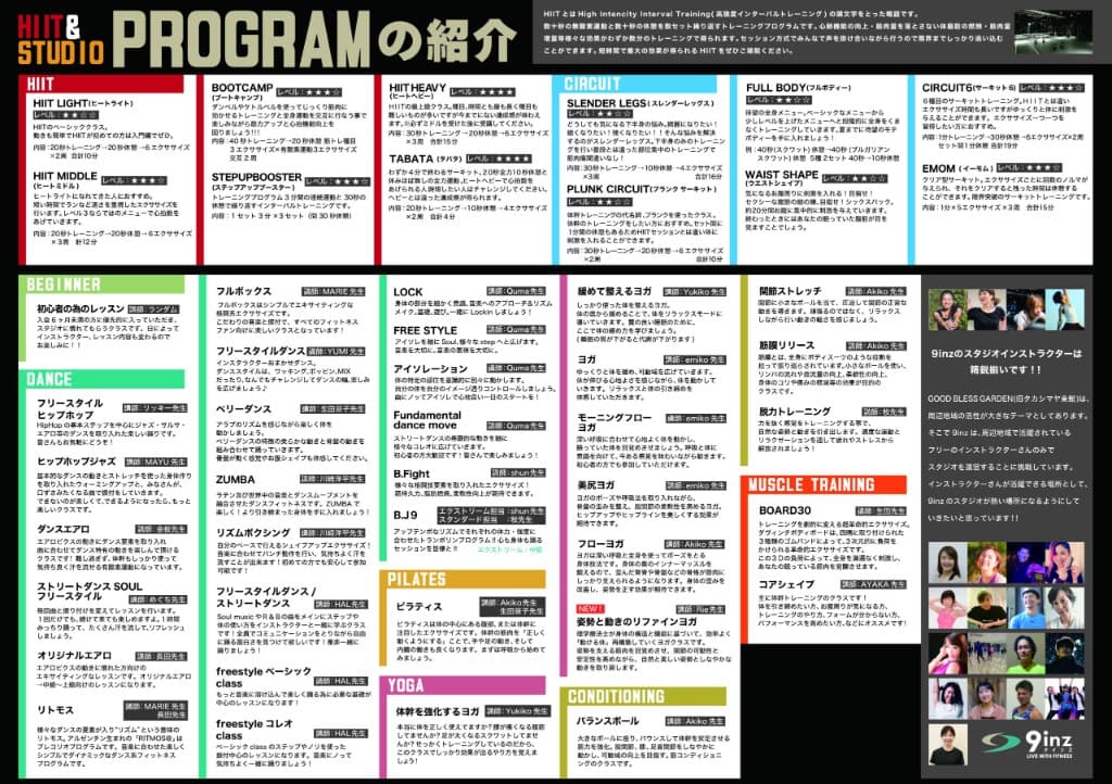 9inz HIIT・スタジオプログラム詳細（HIIT LIGHT、HIIT HEAVY、TABATA、ヨガ、ダンス、ピラティス、ボディメイクなど各クラスの内容と難易度）